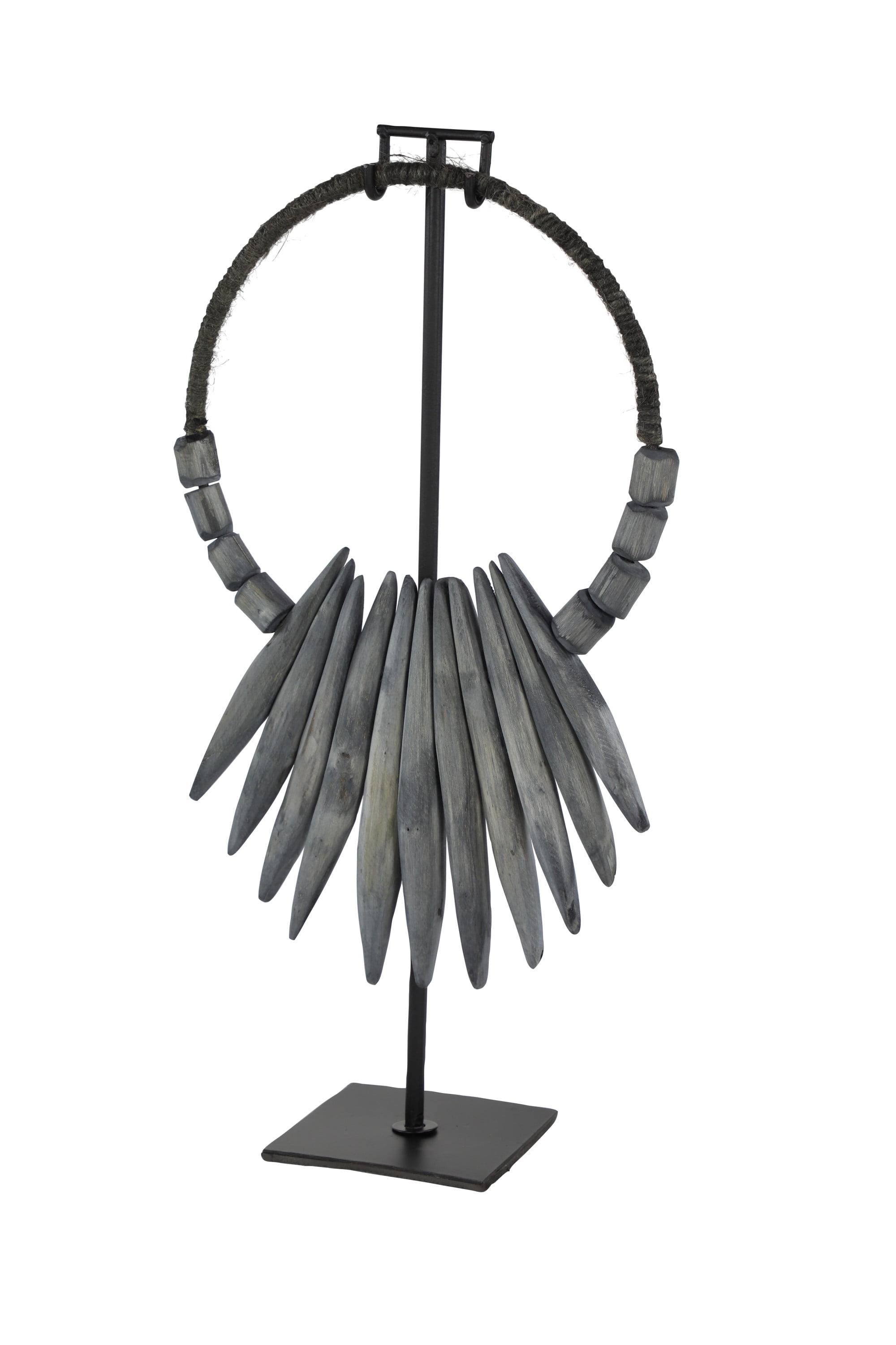 10" x 21" Gray Teak Wood Handmade Tribal Necklace Sculpture with Stand, by DecMode