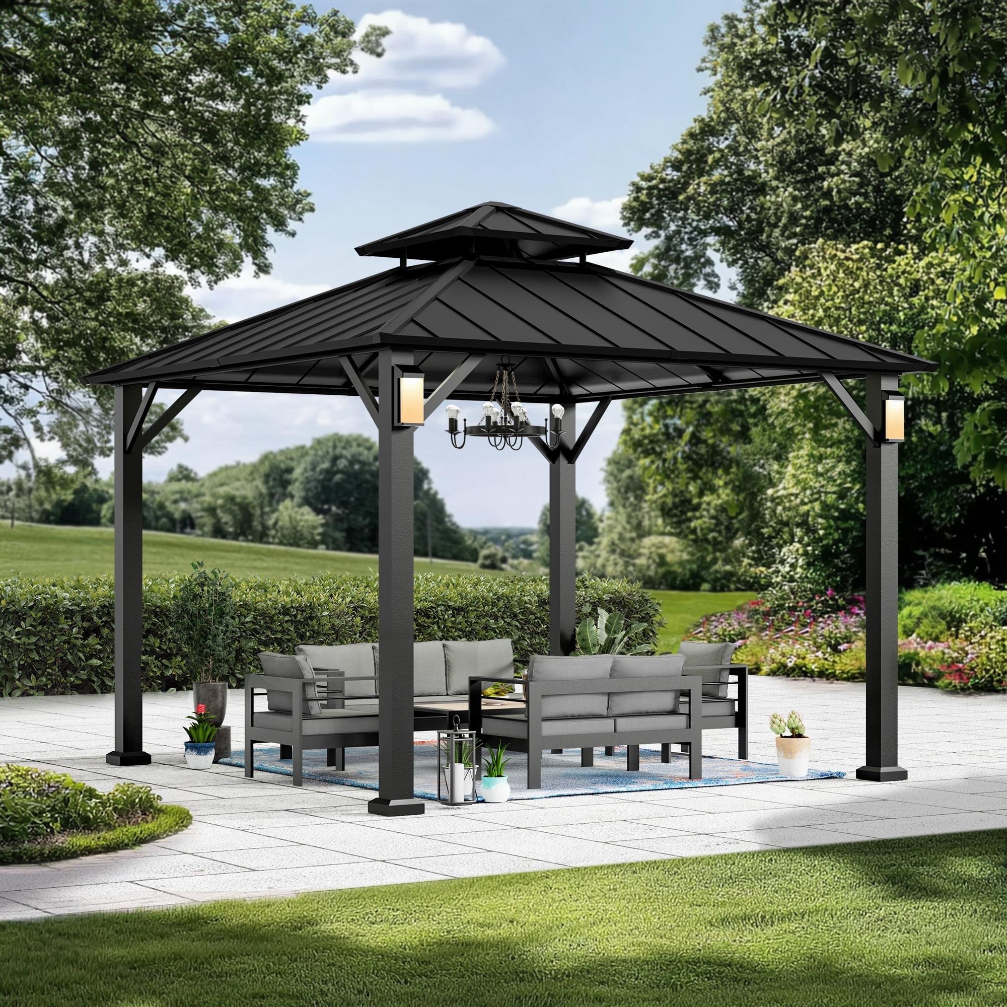 10' x 10' Black Aluminum Hardtop Gazebo with LED Lights