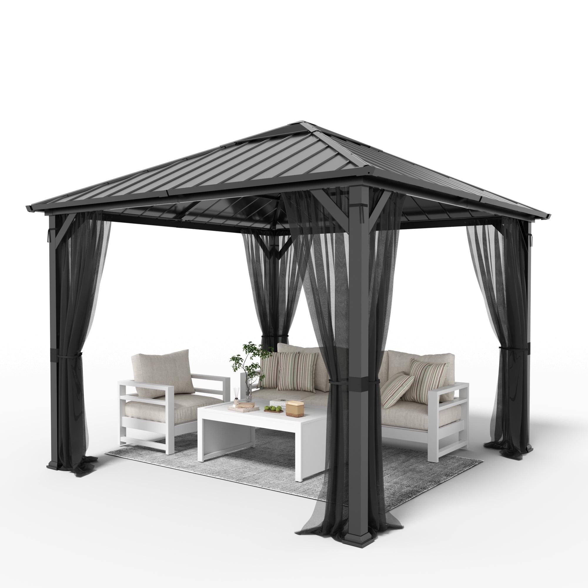 Gartooo 10 Ft x 10 Ft Outdoor Hardtop Gazebo Heavy Duty Pavilion with Aluminum Frame, Galvanized Steel Double Roof Gazebos with Netting and Curtains for Garden, Patio, Lawns