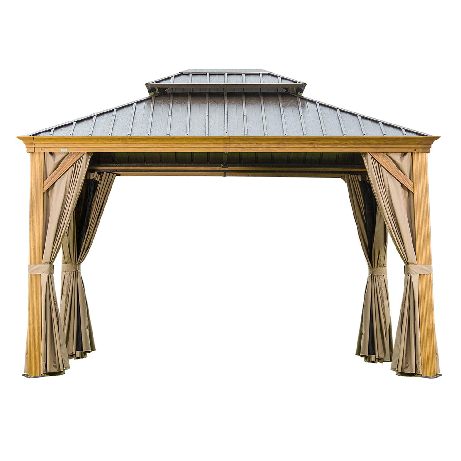 10x12 Brown Aluminum Hardtop Gazebo with Curtains and Netting