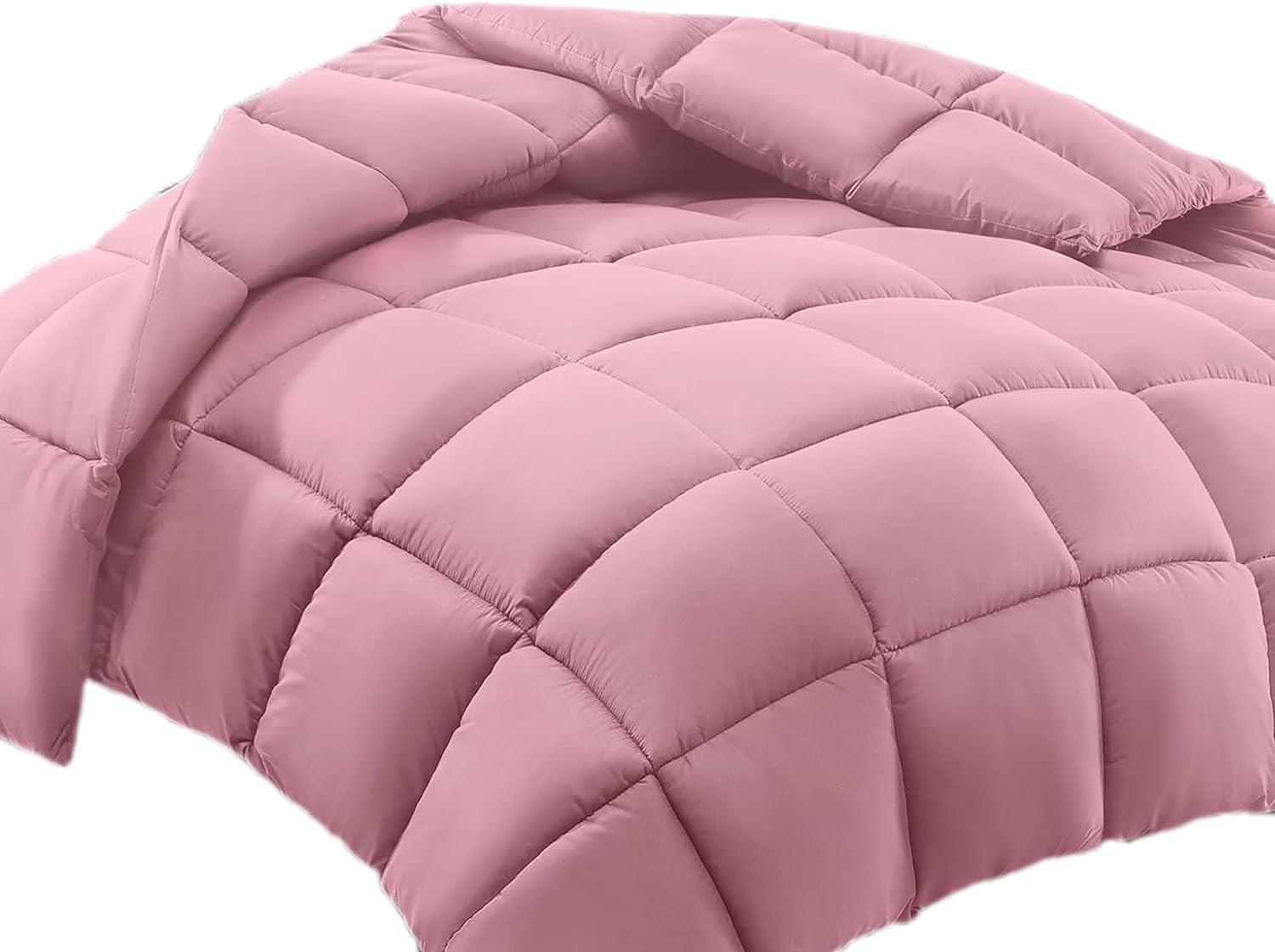 100% Cotton All-Season Comforter - Box Stitched Comforter - Bedding with Corner Tabs Machine Washable Lightweight Color Pink Solid Pattern Size Oversized Queen (98"x98")