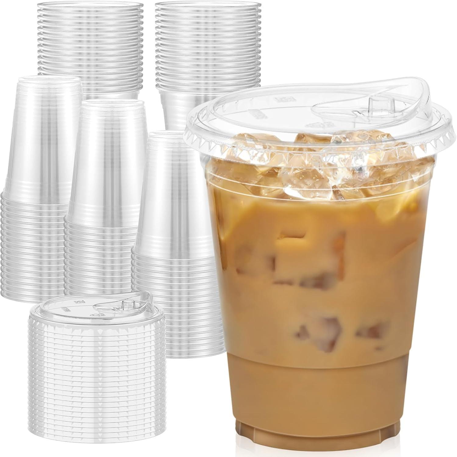 100 Pack 16 oz Clear BPA-Free Plastic Cups with Lids