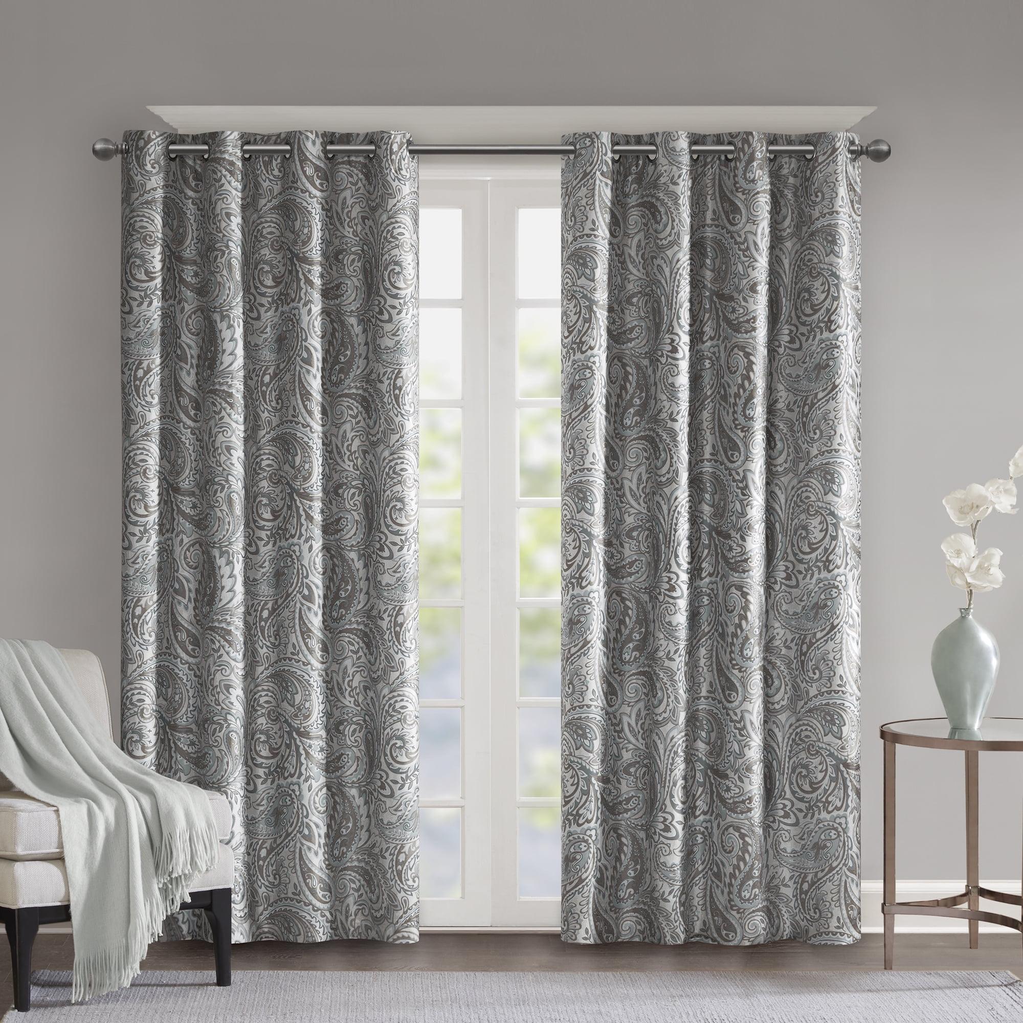 Gray Paisley Faux Silk Blackout Grommet Window Curtain Panel