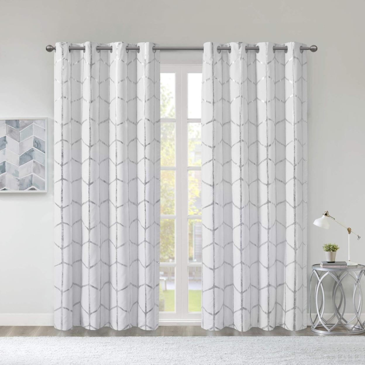 White/Silver Geometric Blackout Grommet Curtain Panel