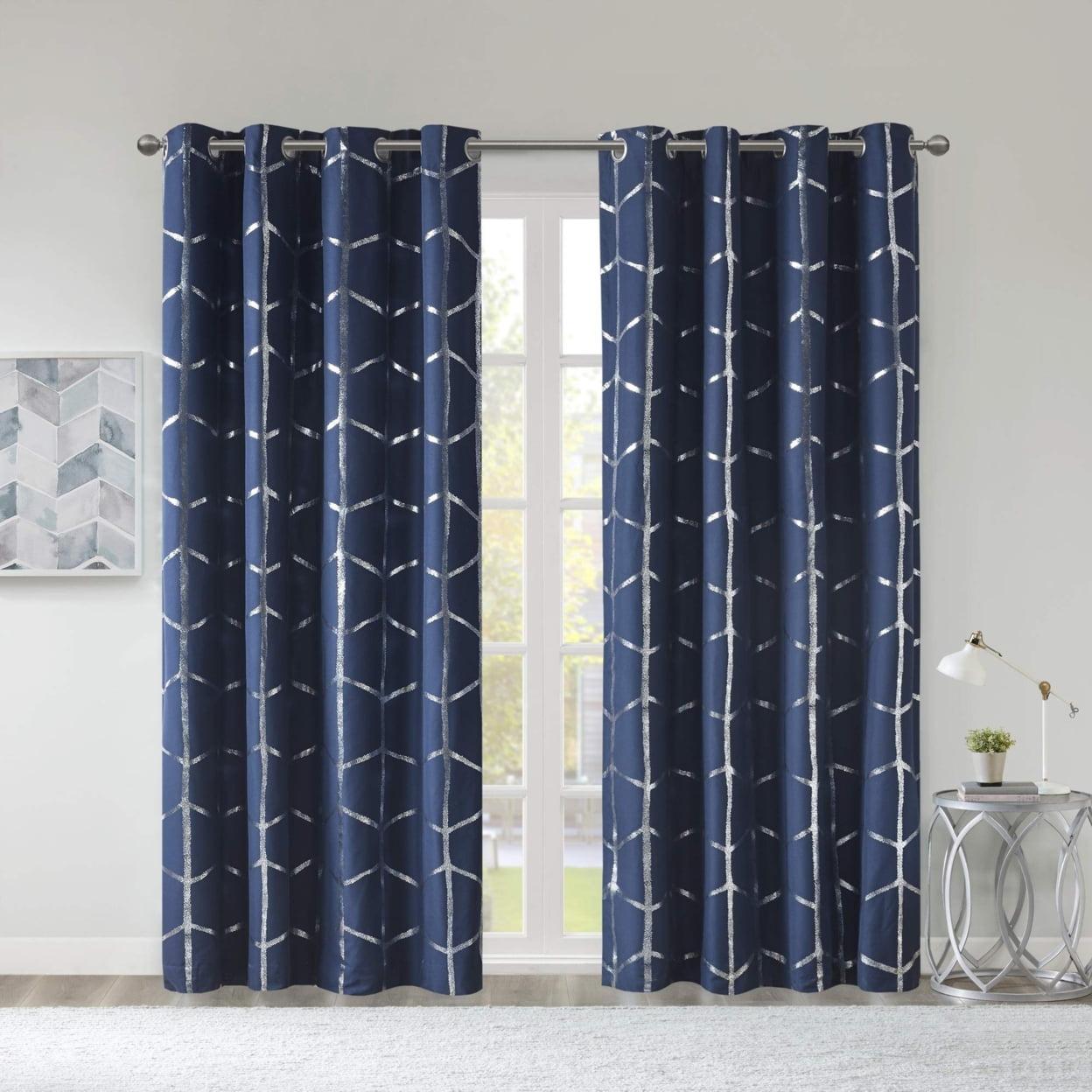 Navy Metallic Print Blackout Grommet Curtain Panel, 50x63