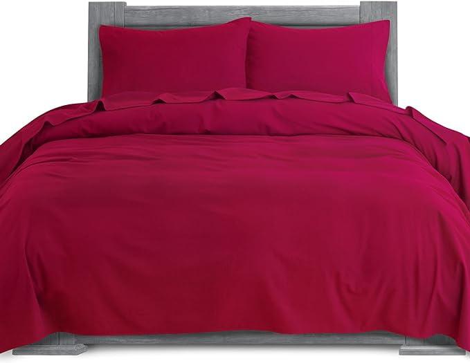 100% Turkish Soft Cotton Flannel Sheet Set - 4-Piece - Deep Pocket Fitted Sheet, Flannel Sheets - Queen, Burgundy