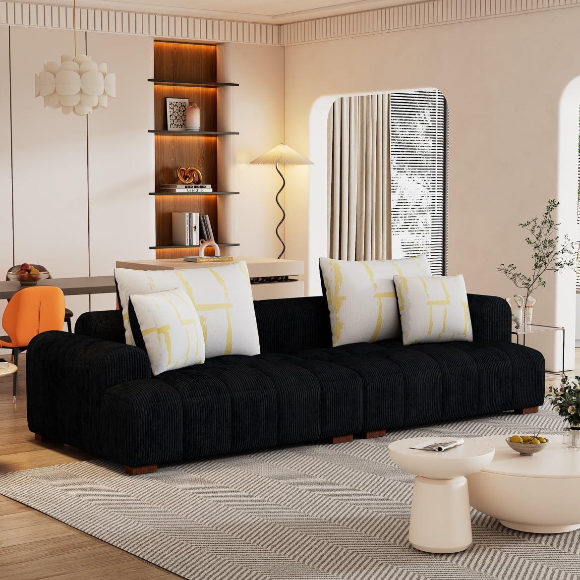 103.9" Modern Couch, Corduroy Fabric Comfy Deep Seat Sofa with Rubber Wood Legs, 4 Tossing Pillows for Living Room, Bedroom, Apartment, Dorm, Black
