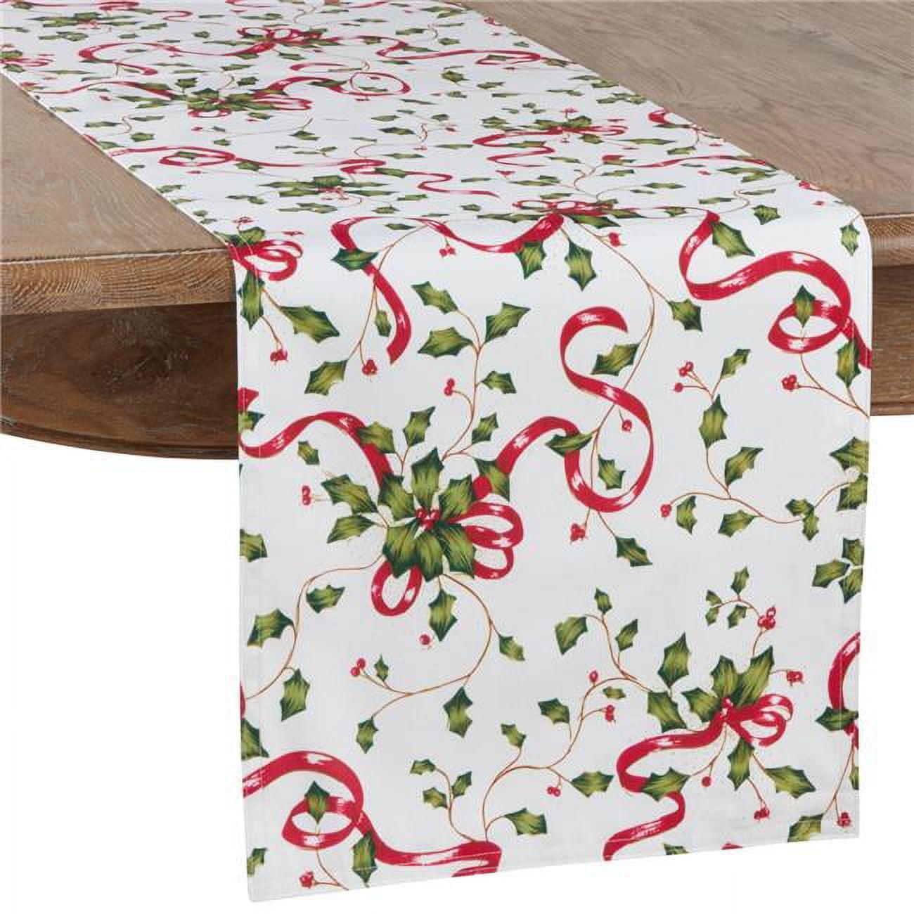 White Holly and Ribbon Christmas Table Runner, 108" Polyester