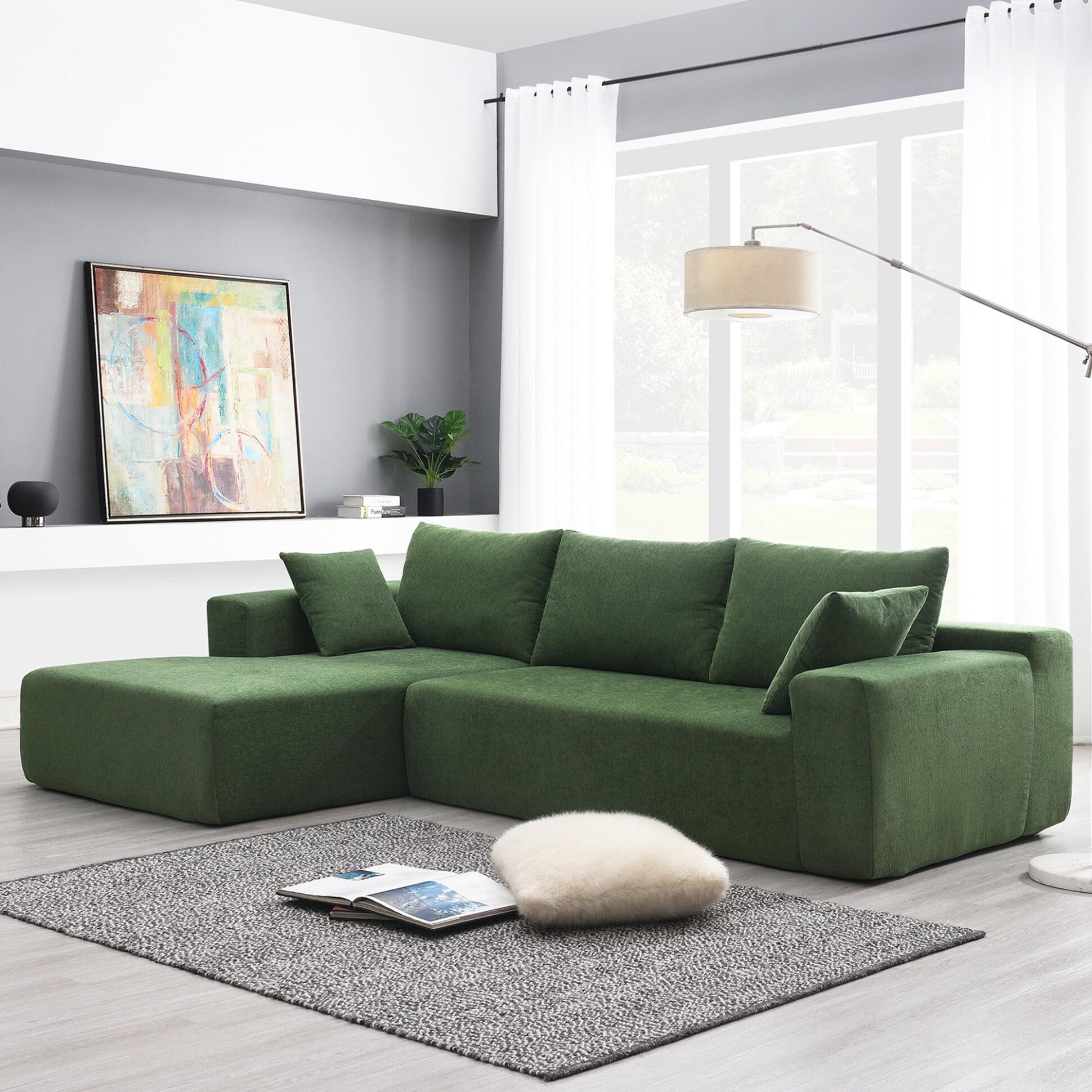 109"W Modular Sectional Couch, Chenille L Shaped Sofa with Free Combination Design, Floor Sofa Deep Couch for Living Room, Apartment, Salon, 440LBS/Seat Weight Capacity, Green