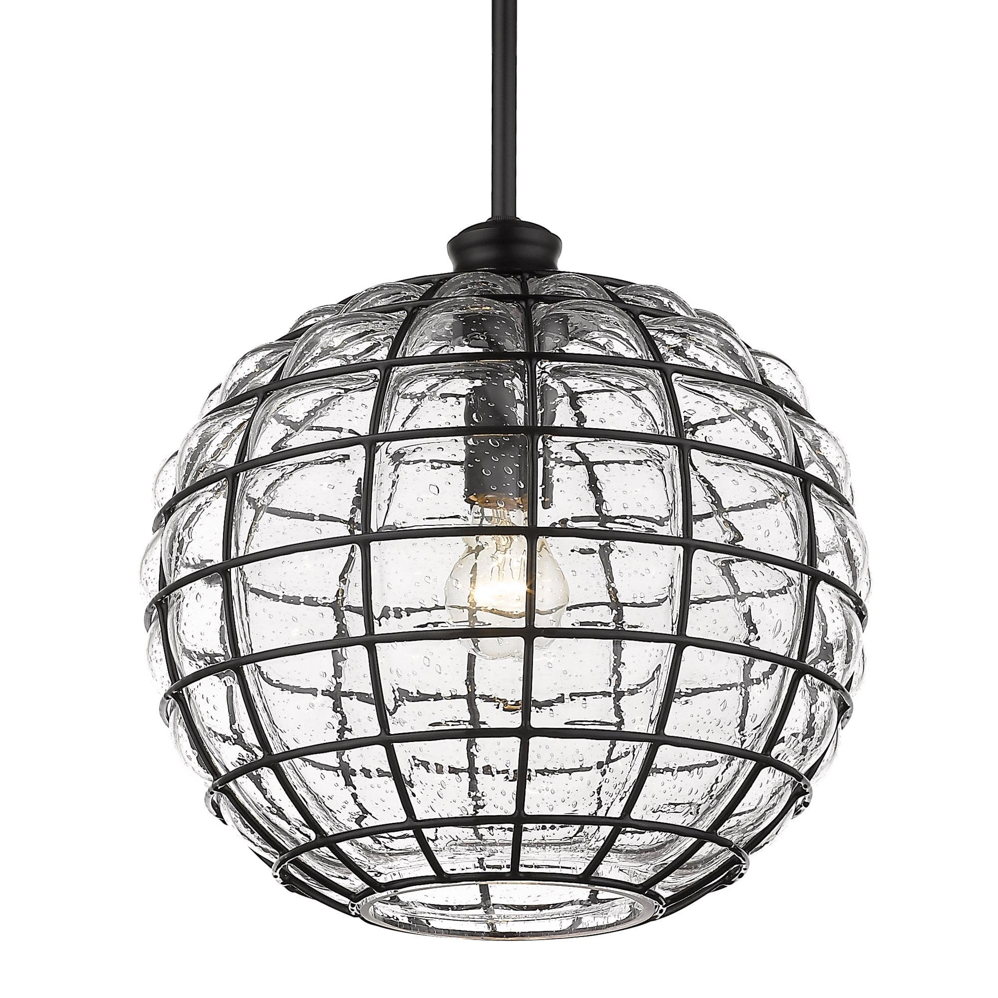 Matte Black Glass and Metal Cage Pendant Light