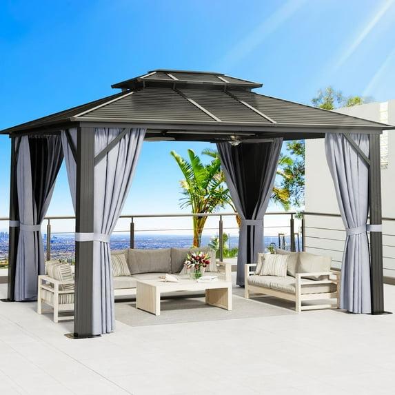 Sunmthink Patio 10x12 ft. Hardtop Gazebo, Double Roof Aluminum Frame with Netting and Curtains, Gray