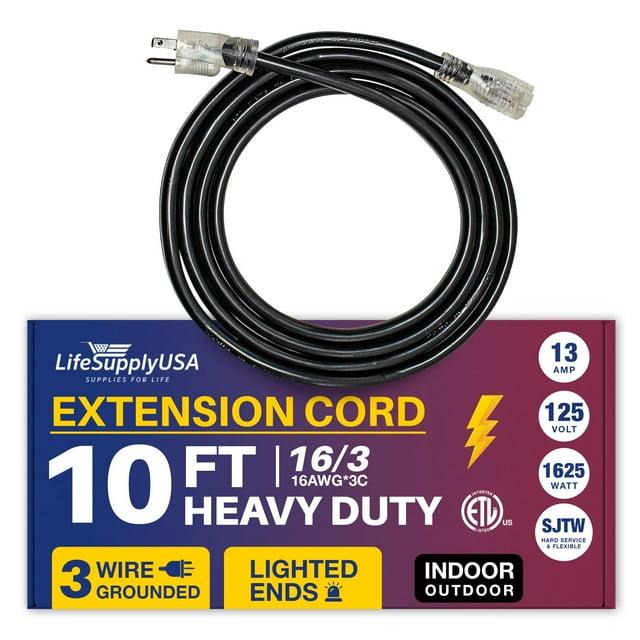 LifeSupplyUSA 10ft Power Extension Cord Outdoor & Indoor Waterproof Cable SJTW 16G 13A 125V 1625W 16/3 ETL Listed Black (1 Pack)