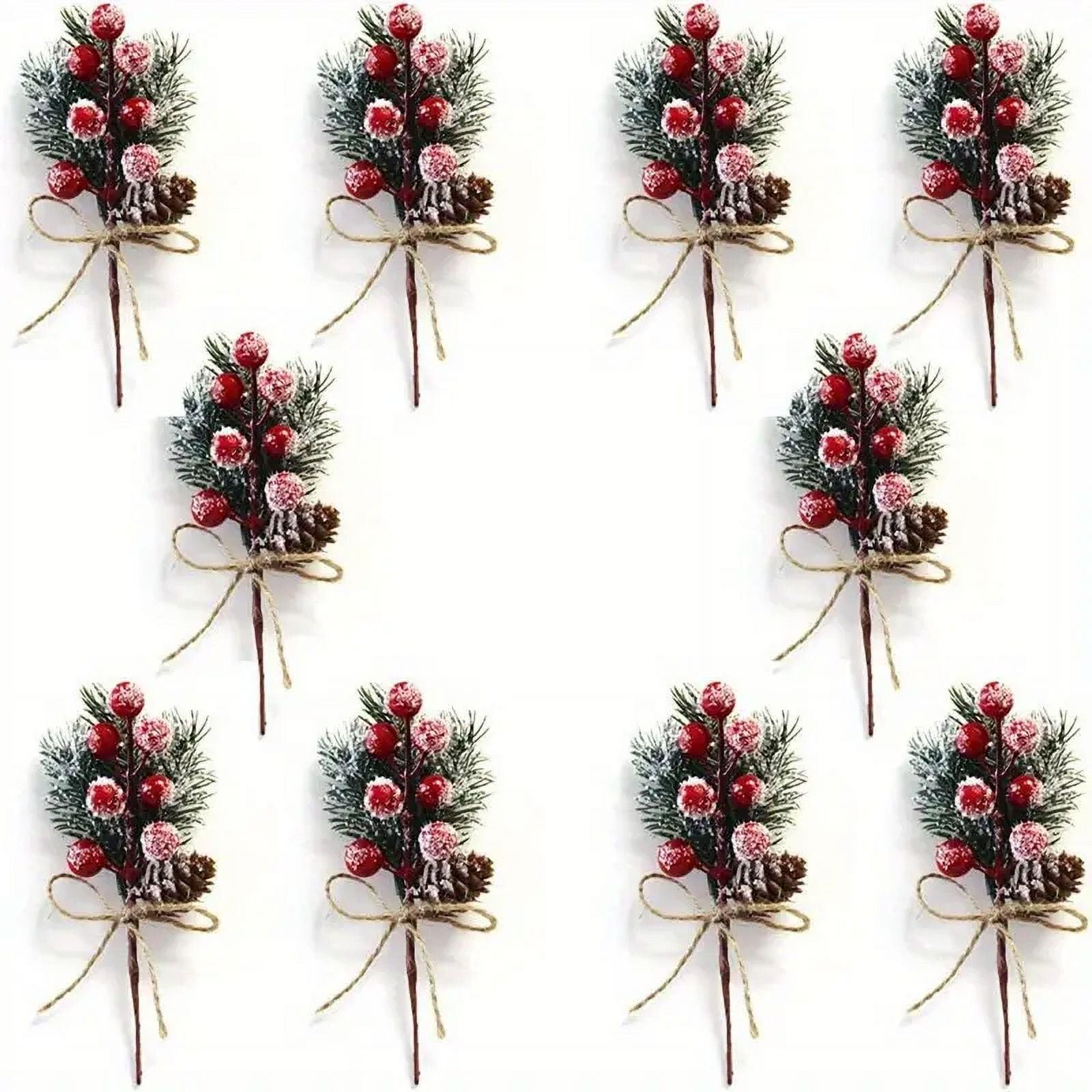 10pcs Red and Green Artificial Pine Branch Holly Bouquet Picks