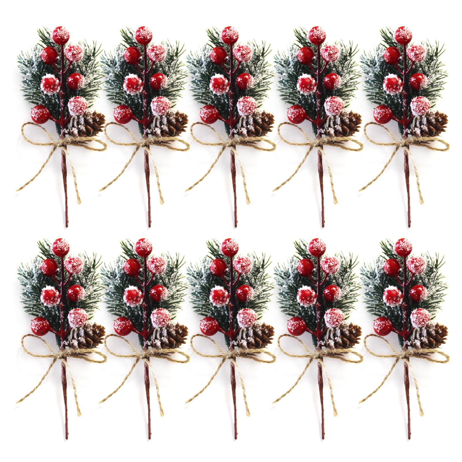 10pcs Red and Green Artificial Pine Branch Holly Bouquet Picks