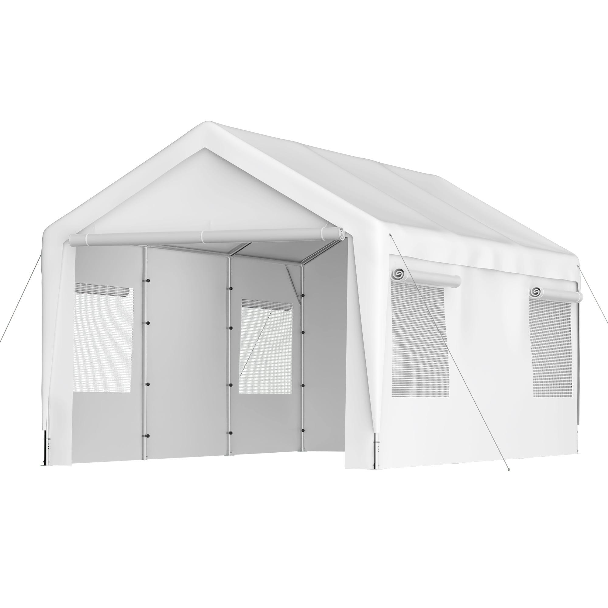 10x20 Heavy Duty Steel Canopy Tent with Roll-up Ventilated Windows, Garage Carport with Removable Sidewall & Doors, White GUS2037