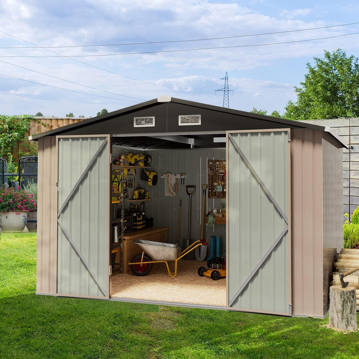 Patiowell 10' x 8' Outdoor Storage Shed with Floor Frame Kit, Metal Garden Tool Shed with Design of Lockable Doors, Utility and Tool Storage for Garden, Backyard, Patio, and Outside Use, Brown