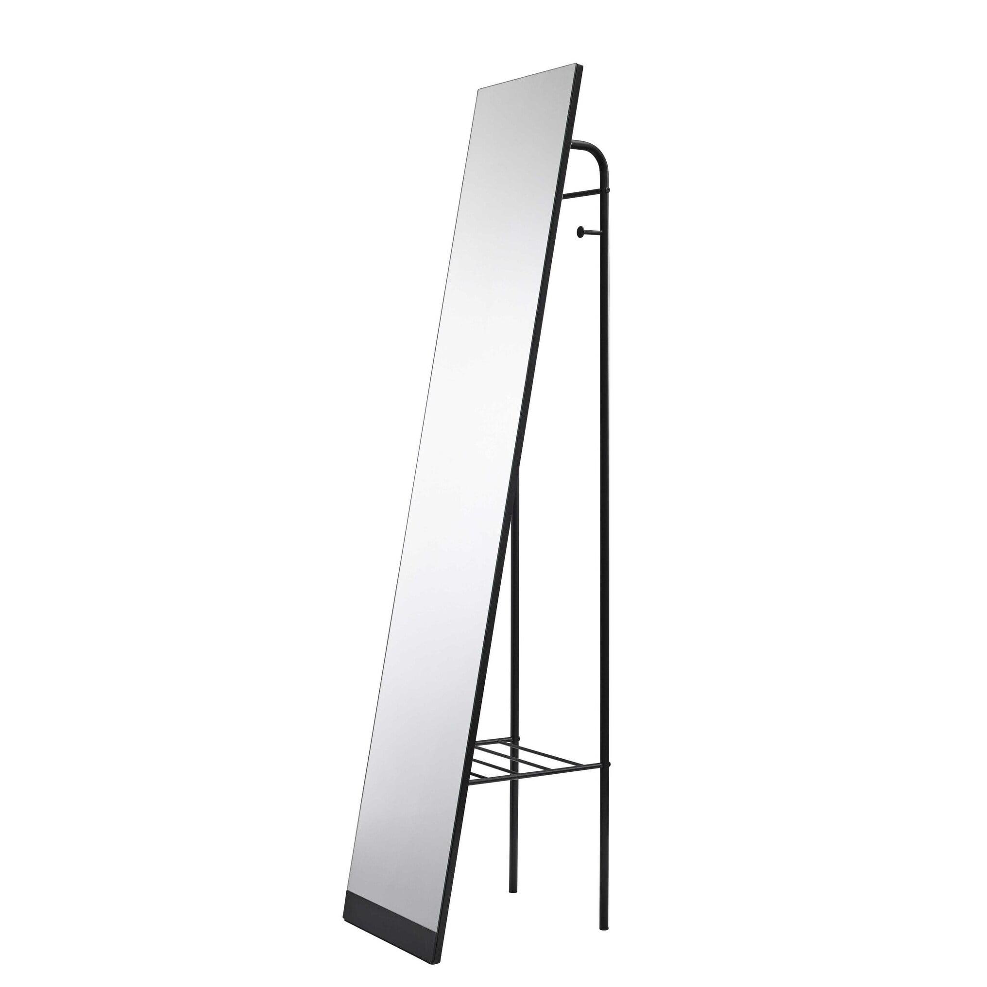 Matte Black Freestanding Full-Length Wooden Mirror with Storage