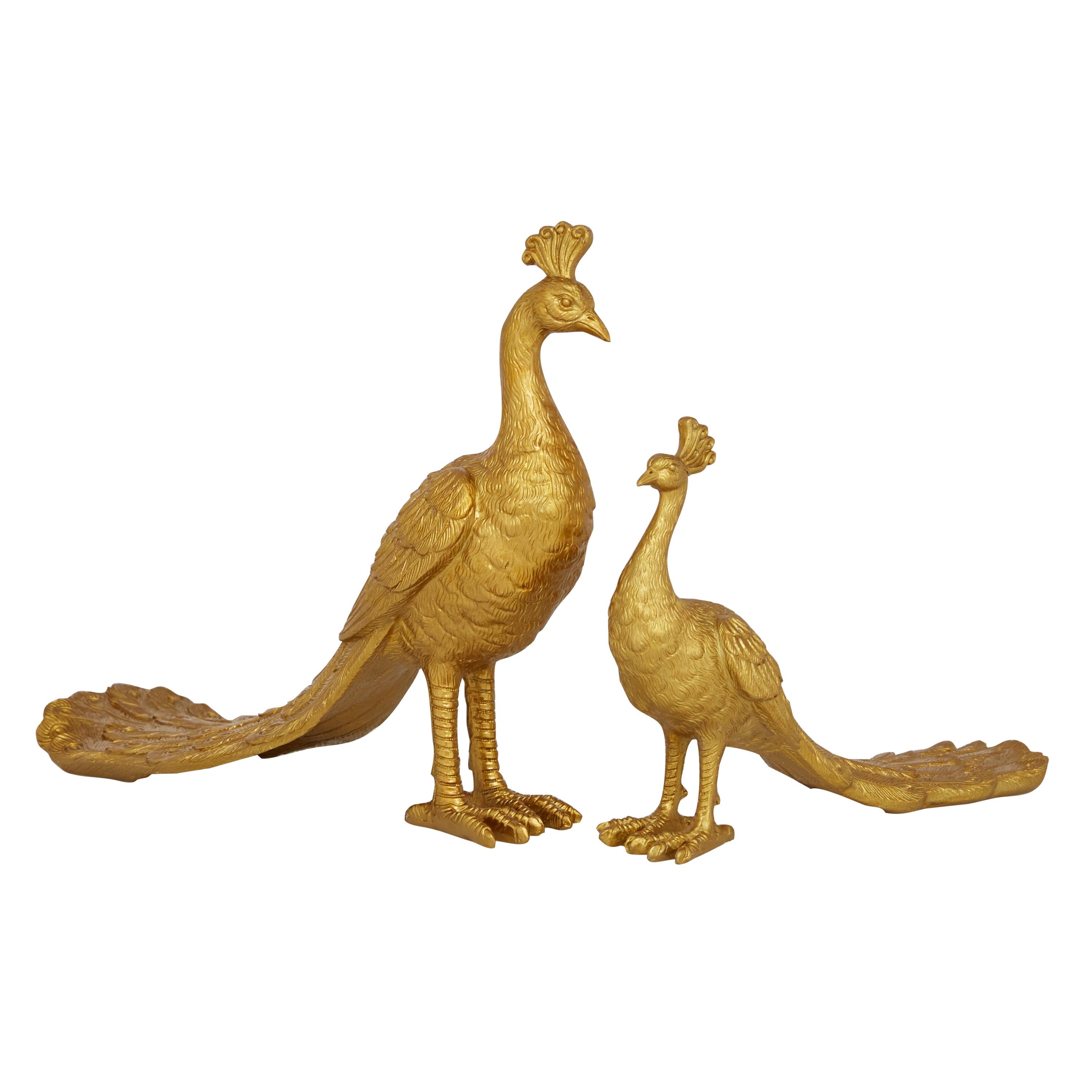 Gold Solid Peacock Animal Statue Duo, 11" & 8"H Resin Set