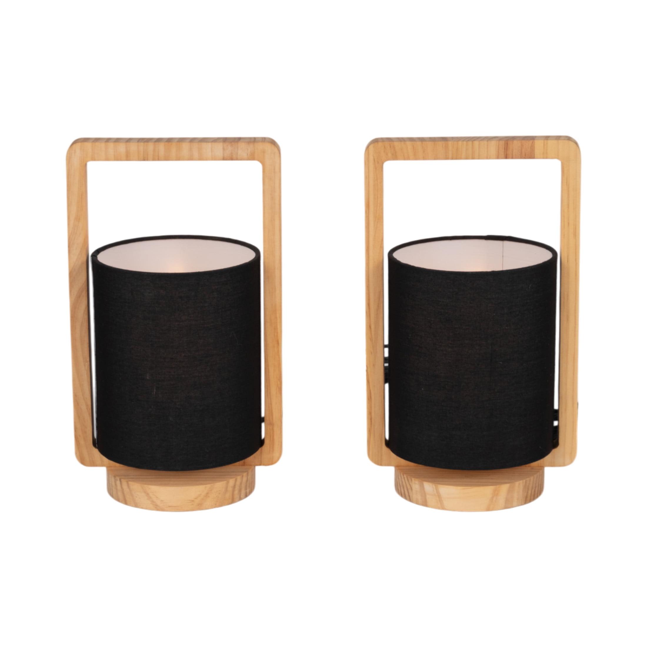 11"Hx8" Diameter, Set of Two, Wood Cylinder Table Lamps, Natural Wood and Black Finish, Rustic Lighting  Accent in Any Home or Office Space