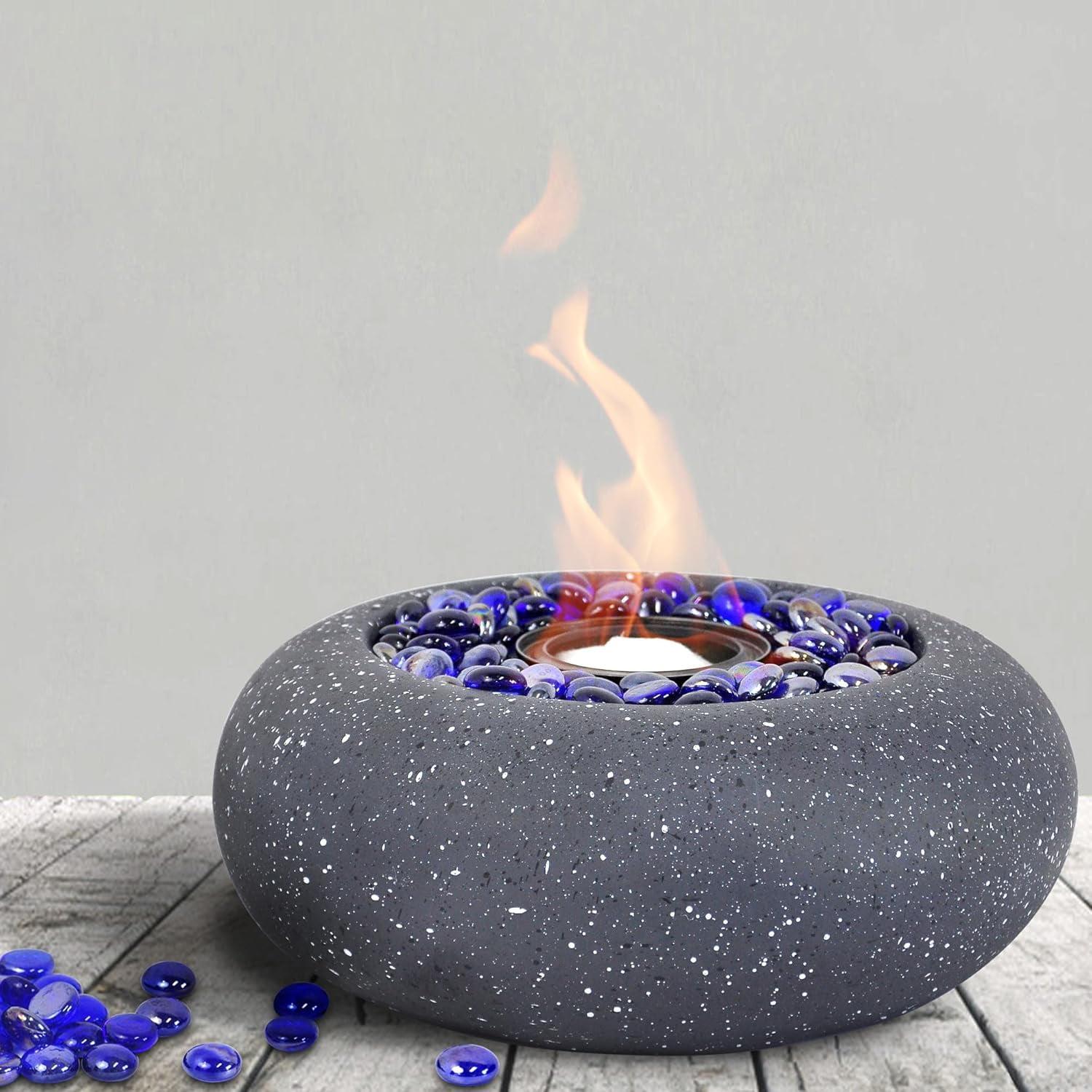 Black Concrete Tabletop Fire Pit with Blue Glass Stones