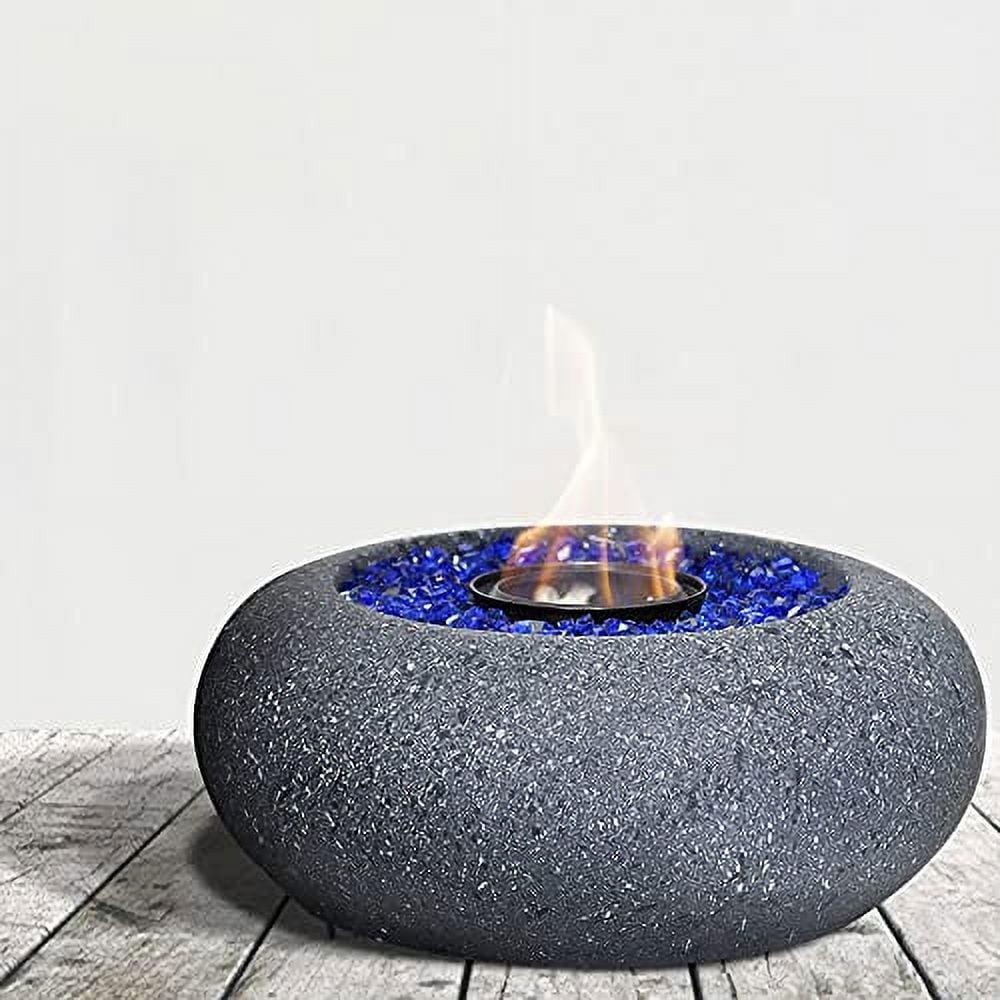 Black Concrete Tabletop Fire Pit with Blue Glass Stones