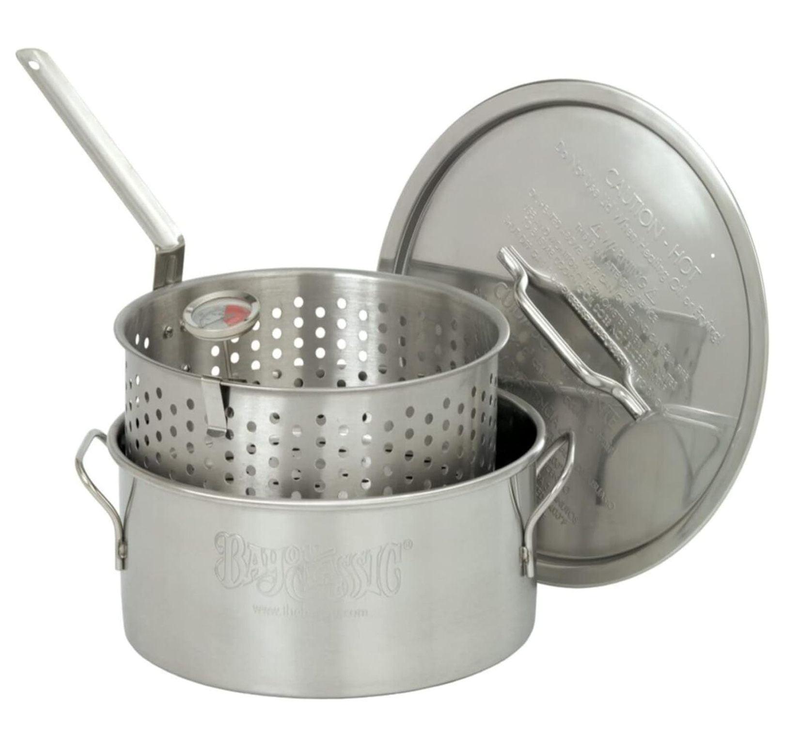 Bayou Classic 10-Quart Stainless Steel Lidded Kitchen Deep Frying Pot with Handles, Fry Perforated Basket, and Thermometer, Silver
