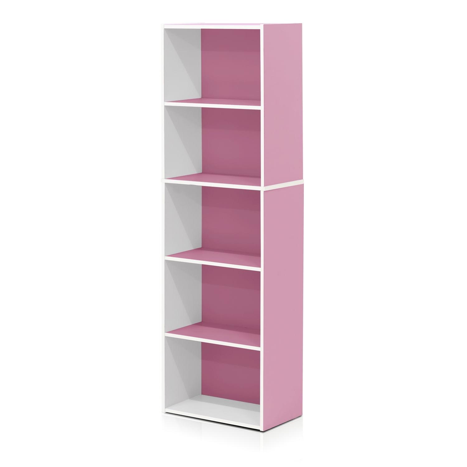 Contemporary 5-Tier Laminated Wood Bookcase in White & Pink