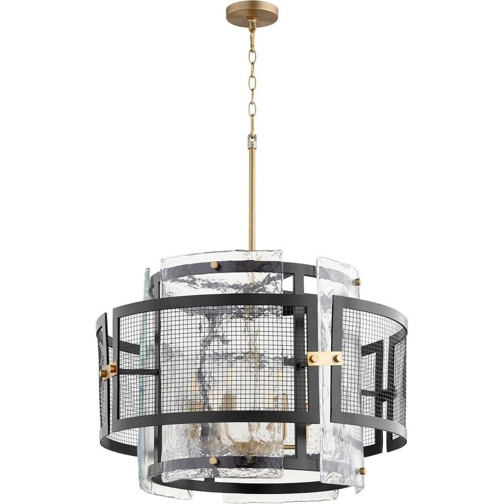 Luxurious Black and Gold Drum Chandelier with Frosted Glass Diffusers