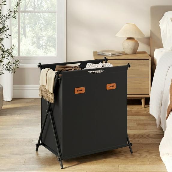 SONGMICS Laundry Hamper, Laundry Basket, Laundry Sorter 2 Sections, Collapsible X-Frame, Clothes Organizer with Customizable Labels, Ink Black
