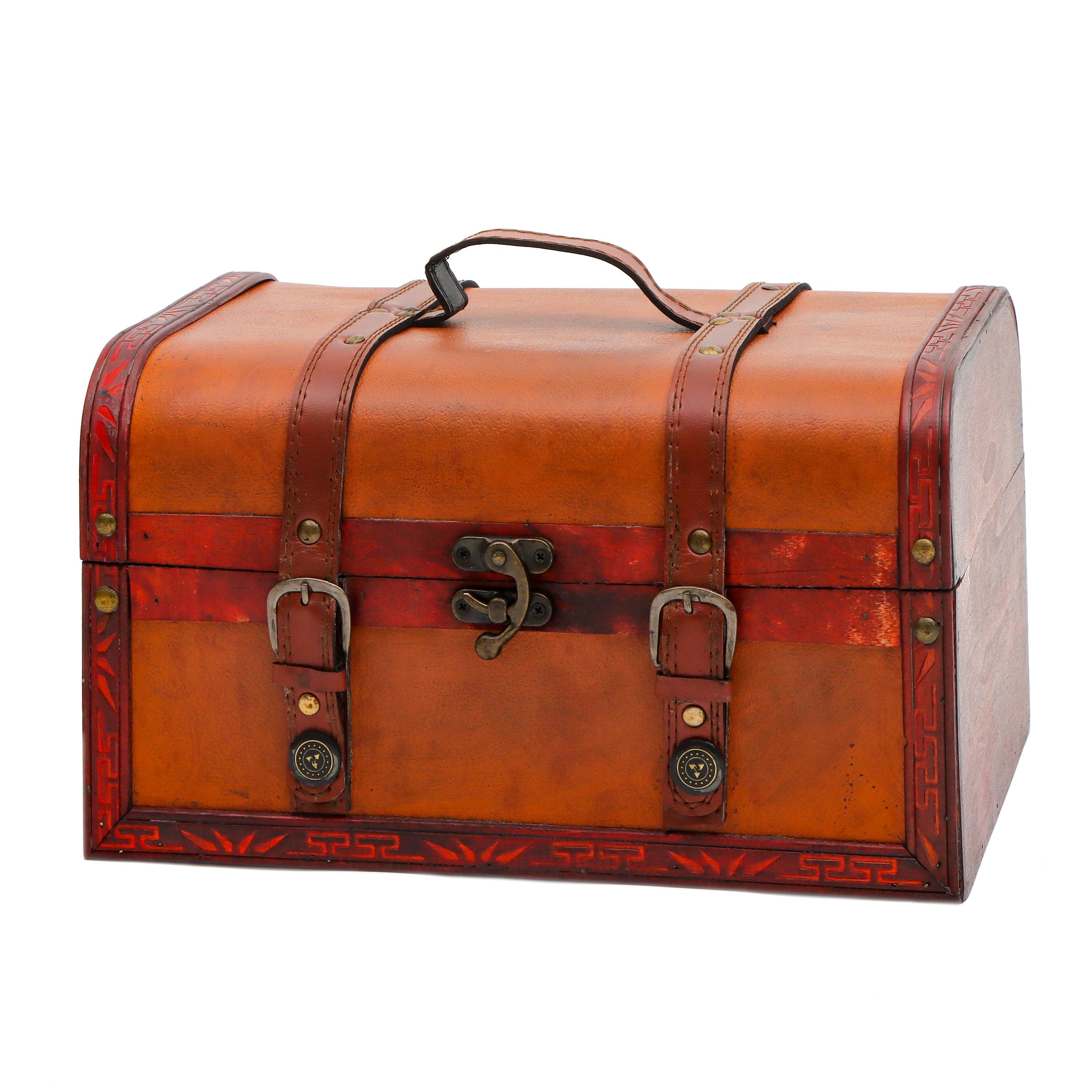 12.5" Vintage Brown and Red Wood Treasure Chest with Leather Accents