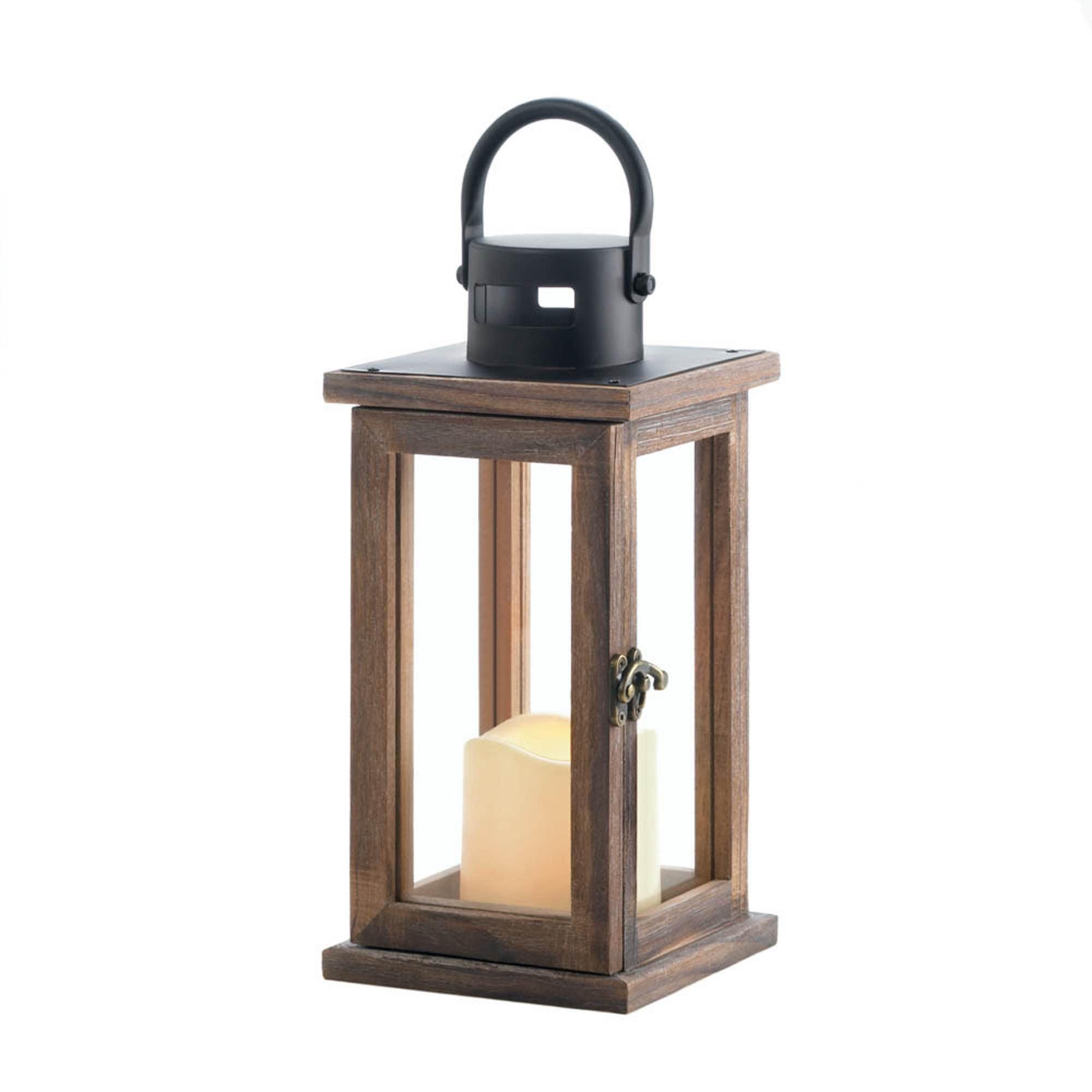 7.1" Wood Lodge Outdoor Lantern with LED Candle Brown - Zingz & Thingz: Indoor/Outdoor Votive Holder, Tabletop Display