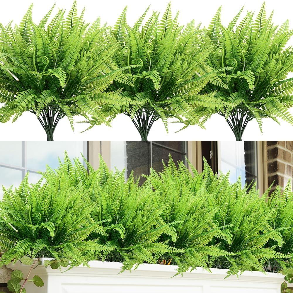 12pcs Artificial Flowers for Outdoor Fake Ferns Artificial Boston Fern Plant Artificial Ferns for Outdoor UV Resistant Plastic Plants (Green)