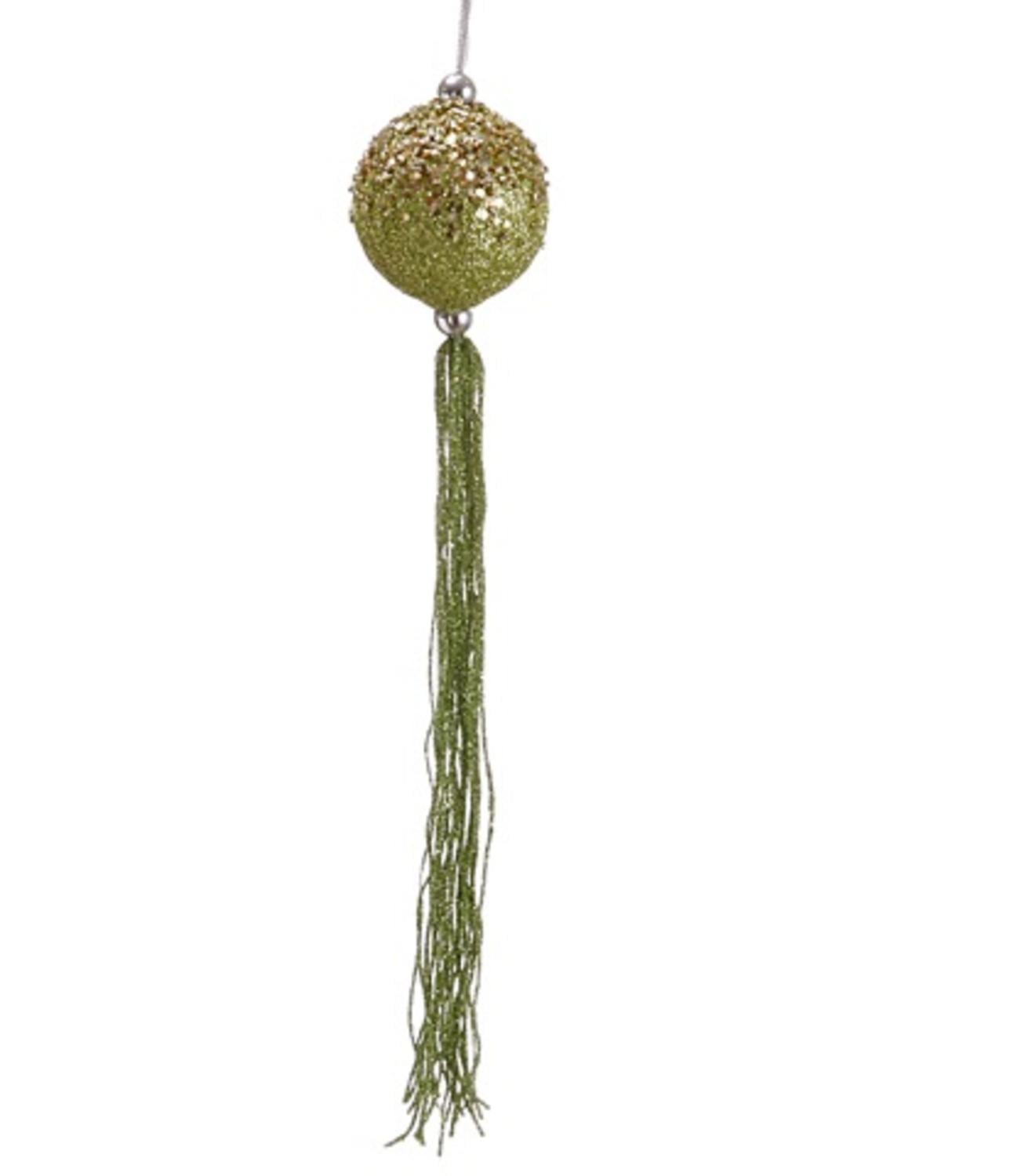 Lime Green Glittered Ball Ornament with Tassels