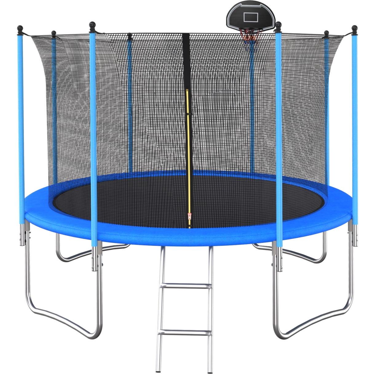 12-Foot Blue Round Trampoline with Safety Enclosure and Basketball Hoop