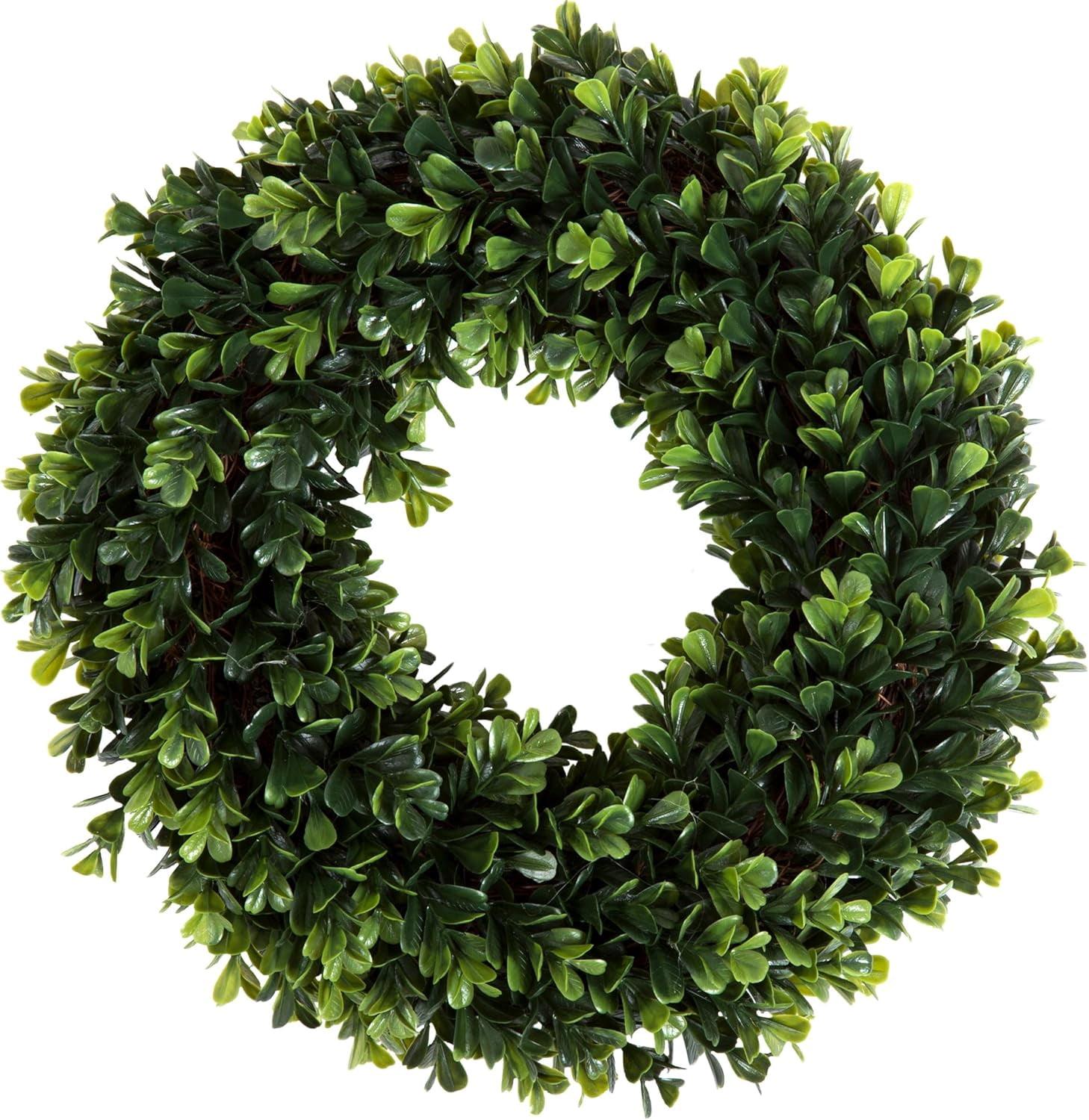 Artificial Boxwood Wreath - 12 Inch UV-Resistant Plastic Front Door Wreath and Window Decor for Spring and Summer by Pure Garden (Green)