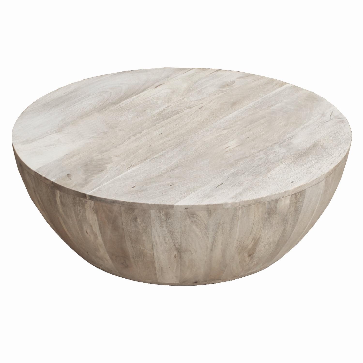 35.5" Round Washed Light Brown Mango Wood Outdoor Coffee Table