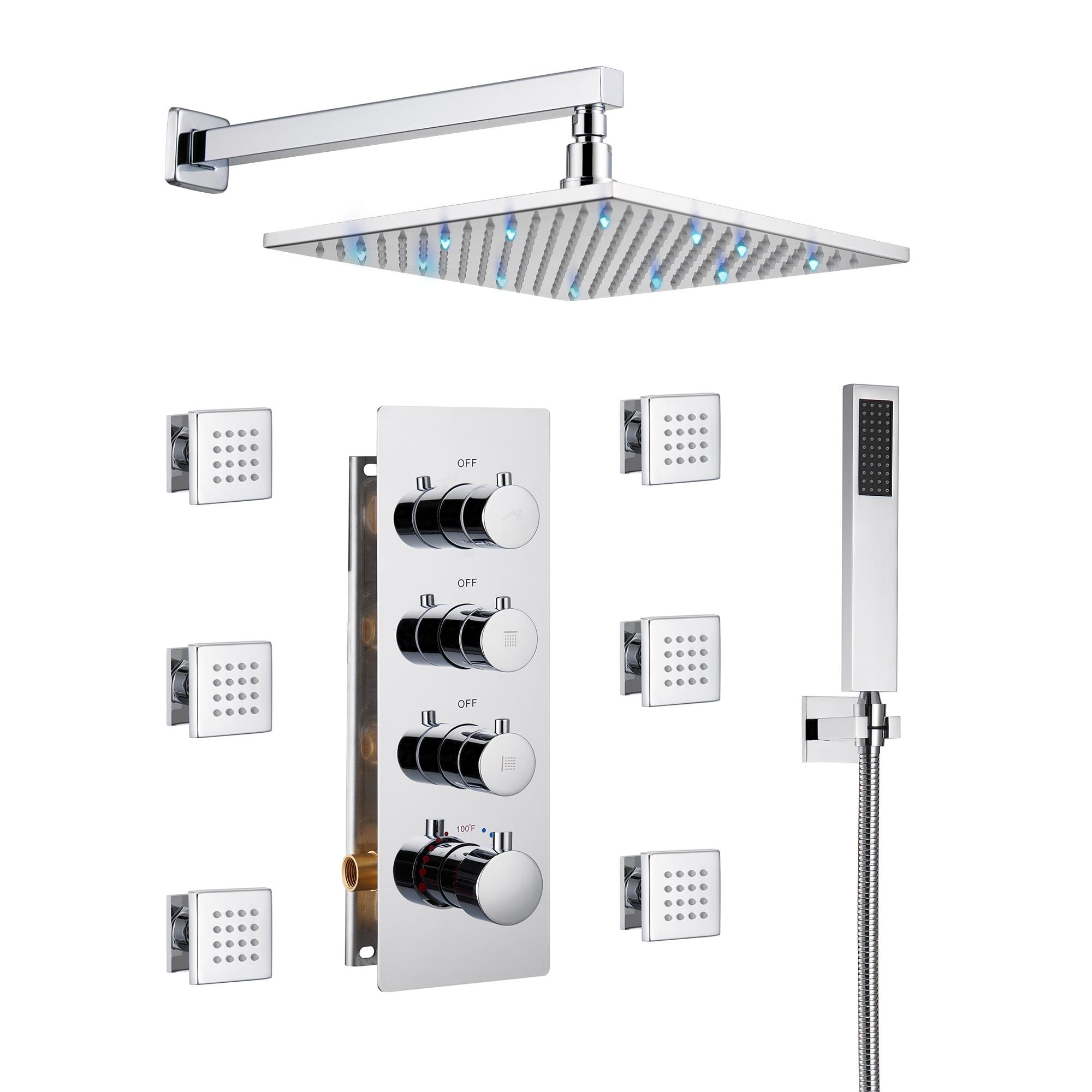 3-Function LED Light Thermostatic Rainfall Shower System with 6 Body Jets and Rough-in Valve