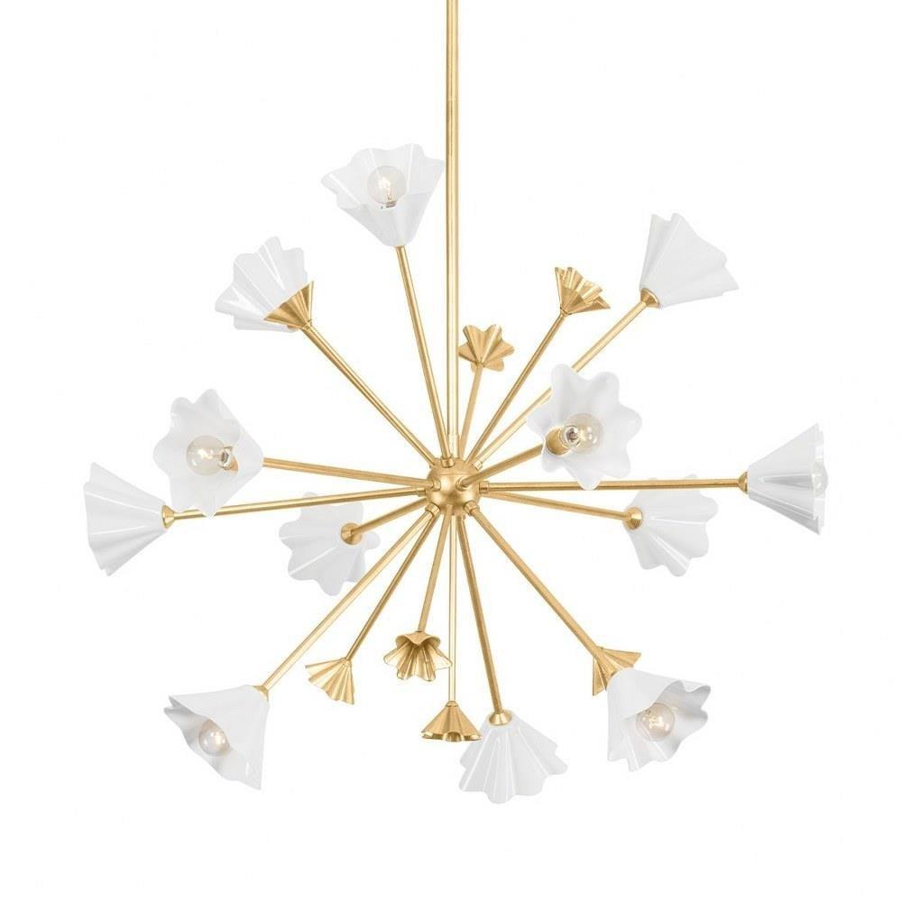 Vintage Gold Leaf and White Porcelain 12-Light Sputnik Chandelier