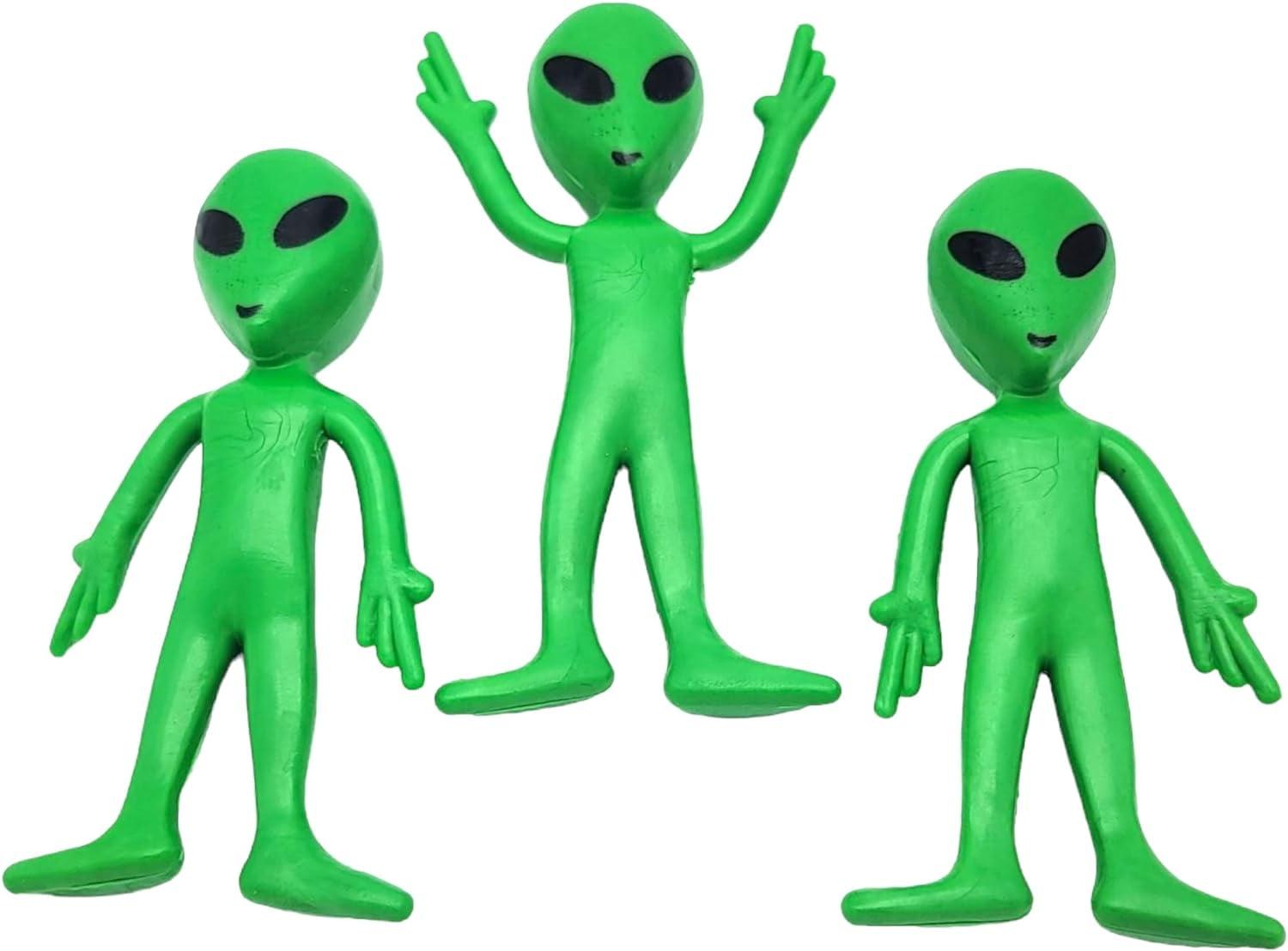12 Pack- Bendable Rubber Green Aliens (3.75") Action Figures Bendable UFO Aliens Limbs Sensory Stress Relief Fidget Toys. Great Party Favor Trick or Treat Supplies