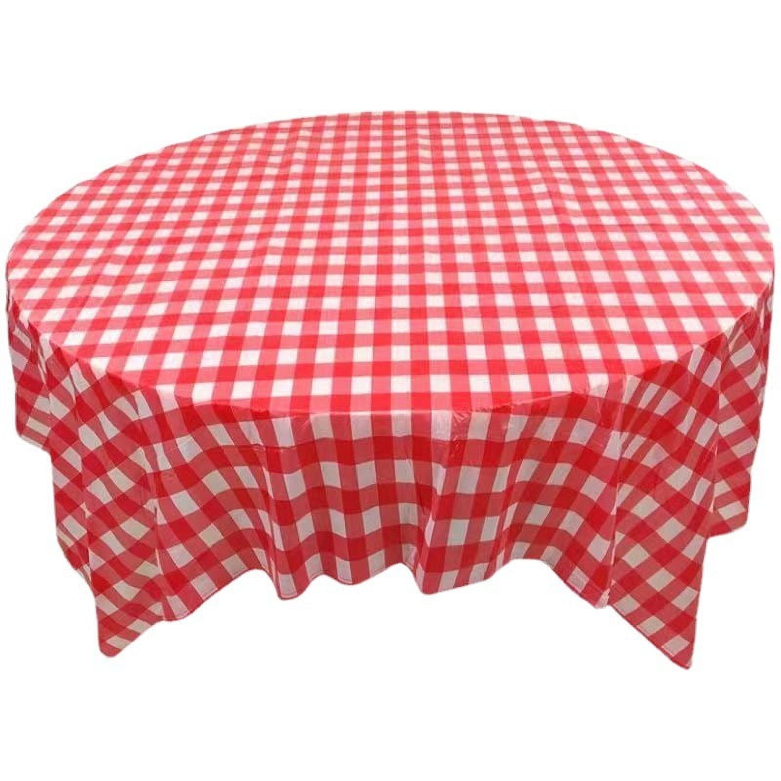 84" Round Red and White Checkered Plastic Tablecloth