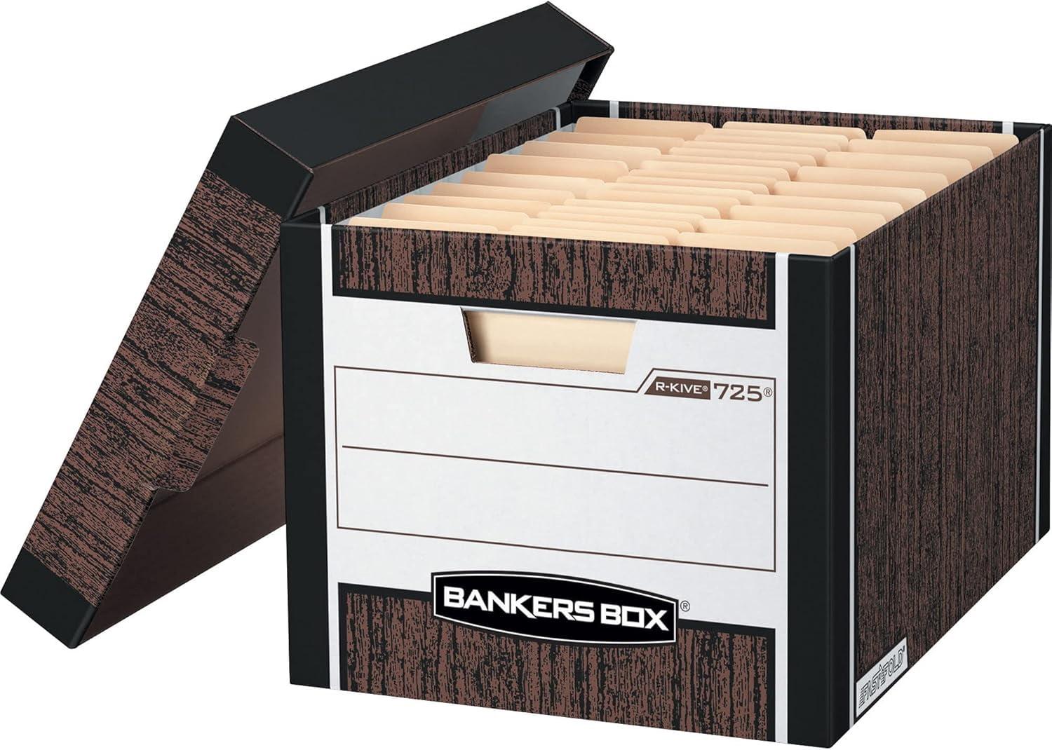 Heavy-Duty Woodgrain File Storage Box with Lid, 12 Pack