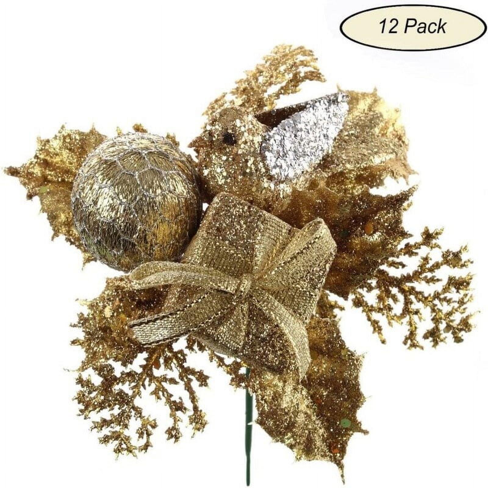 Gold Glitter Christmas Tree Picks with Gift Box and Ornaments, Set of 12