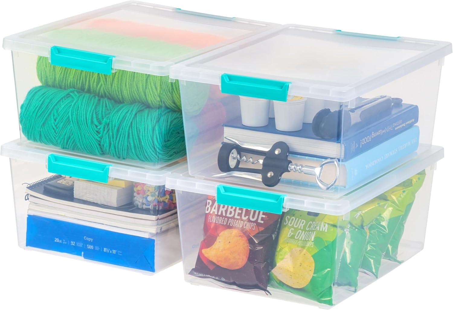 IRIS USA 12 Qt. Large Deep Clip Box, 4 Pack, Clear Plastic Storage Container Bins with Latching Lids, Seafoam Blue Buckles