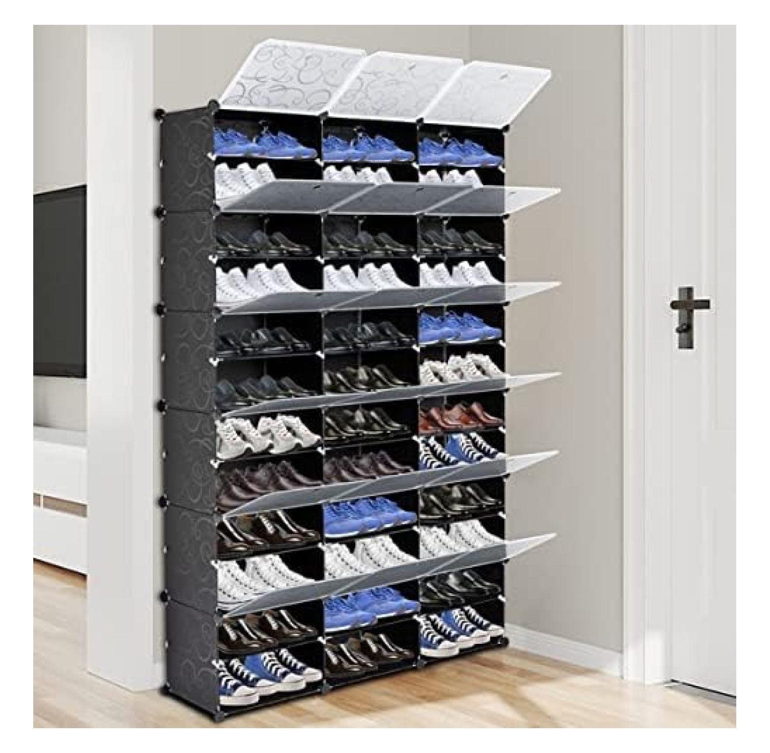 12-Tier Portable Shoe Rack Organizer,72 Pair Covered Shoe Storage Shelves Rack,36 Grids Tower Shelf Expandable Free Standing Storage Stackable Space forHeels,Boots,Slippers,Black