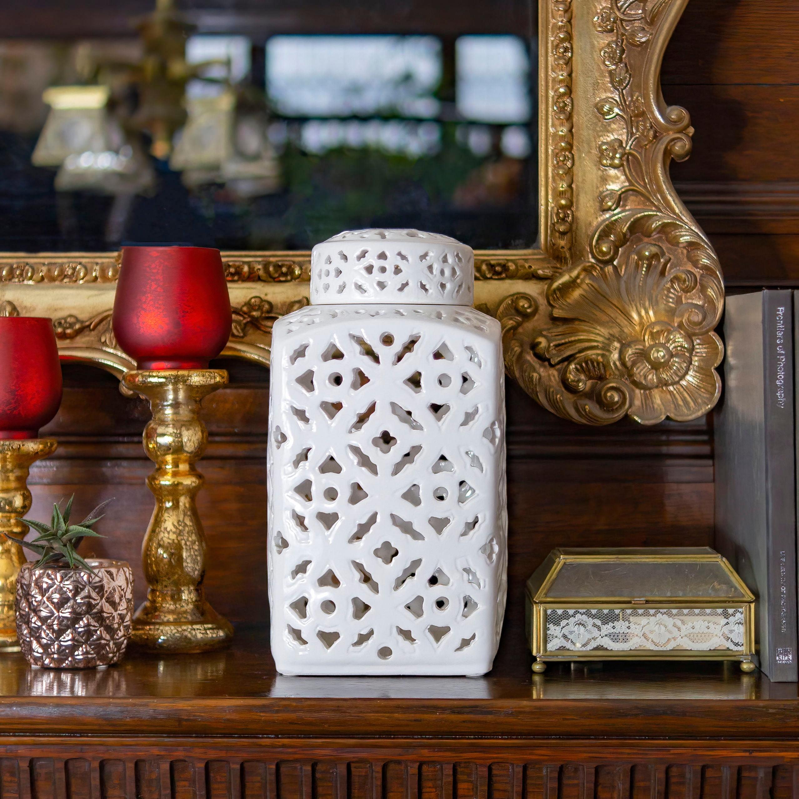 12" White Carved Square Ginger Jar