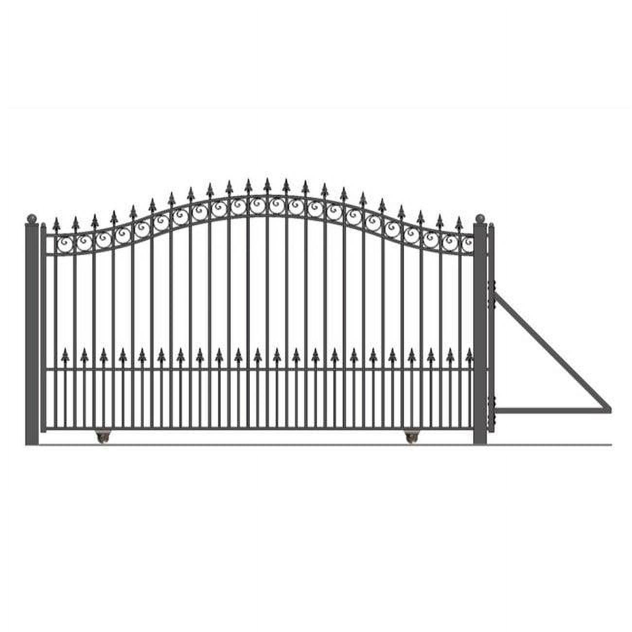 12 ft Black Iron Arched Driveway Gate with Pointed Pickets