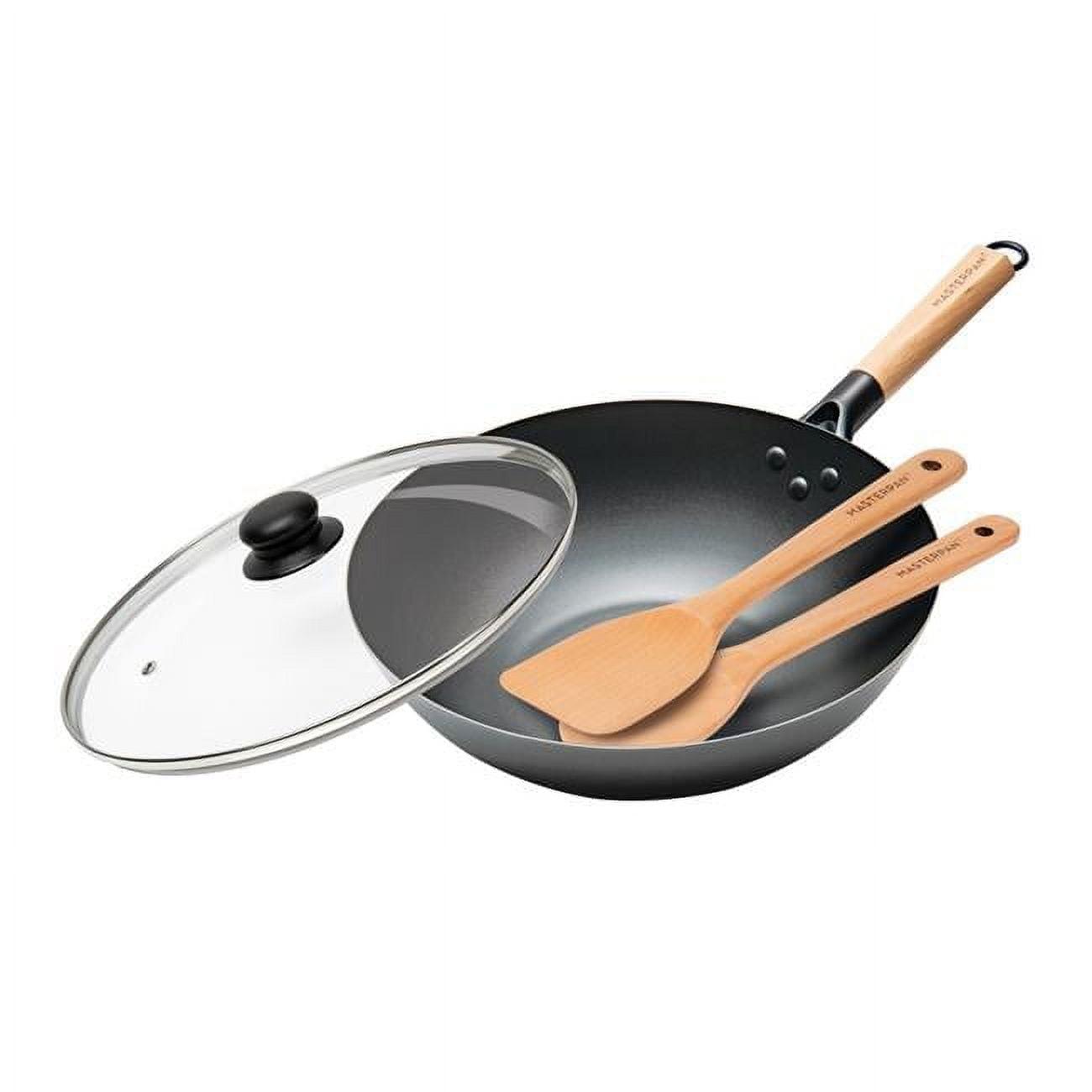 MasterPan Inc. Masterpan Carbon Steel Wok With Glass Lid Wooden Utensils Non-Stick Flat Bottom Asian Stir-Fry