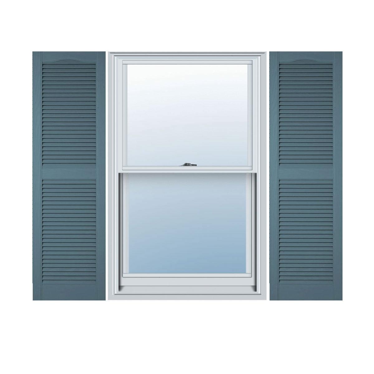 12 in. W x 25 in. H Builders Edge, Standard Cathedral Top Center Mullion, Open Louver Shutters, Includes Matching Installation Spikes, 004 - Wedgewood Blue