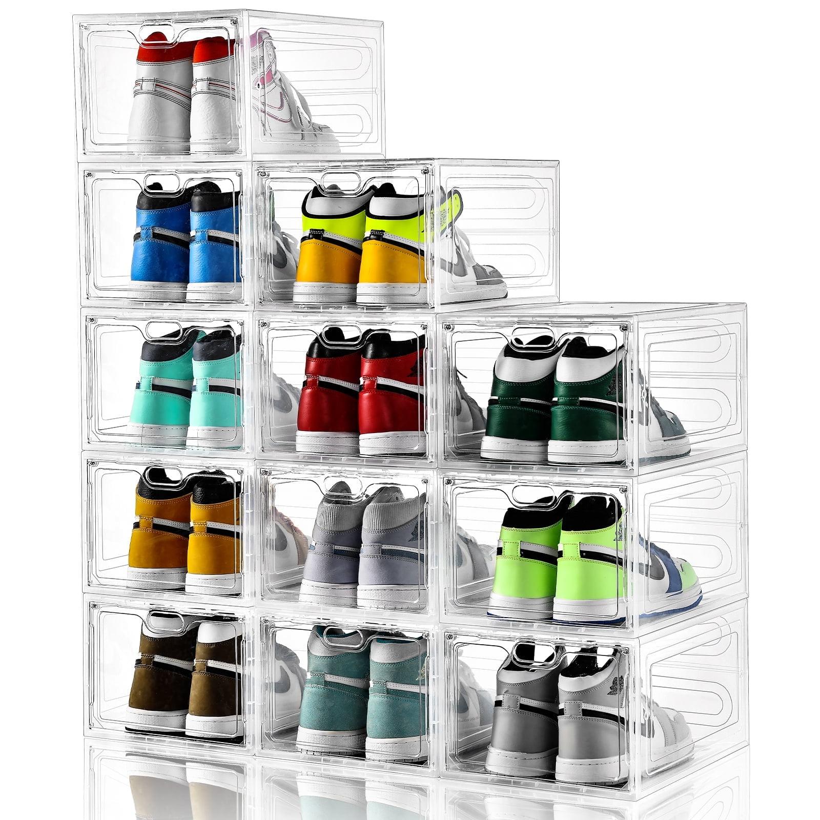 12 Pack Shoe Storage Boxes, Stackable Clear Boxes With Doors, Organizer Containers For Sneakers - Fit US Men's/Women's Size 12 (13.4"x 9.8"x 7.1")