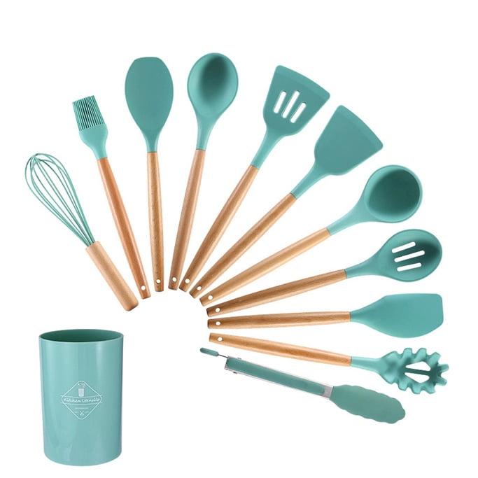 12-Piece Dark Green Silicone Cooking Utensils Set with Wood Handles